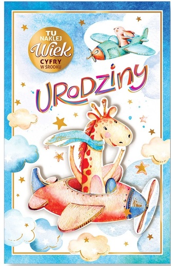 Karnet AB+ Urodziny dziecięce, naklejana cyfra, żyrafa w samolocie CR23